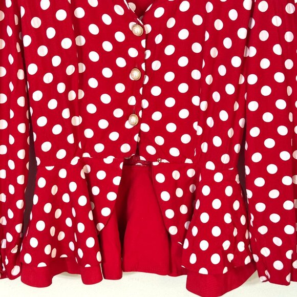 Vtg 80s MENU Polka Dot Peplum Blouse Puff Sleeves Sweetheart Red White Office - Picture 2 of 13
